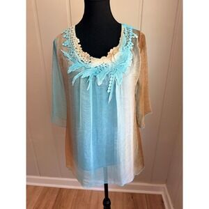 Y2k Feratelli Ombre Sheer Tunic Top Blue Bronze Lace Applique Artsy